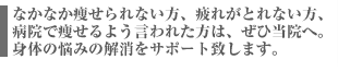 なかなか痩せれない方、疲れがとれない方、病院で痩せるよう言われた方は、ぜひ当院へ。身体の悩みの解消をサポート致します。